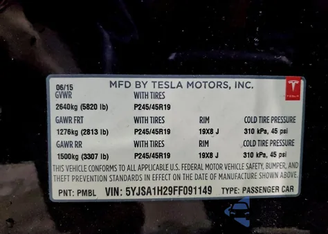 2015 Tesla Model S 85D z USA, uszkodzony, nr VIN 5YJSA1H29FF091149